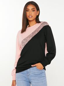 SHEIN Tall 撞色亮片拼接落肩袖運動衫 - 彩色 - 查看 1