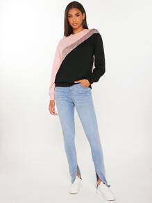 SHEIN Tall 撞色亮片拼接落肩袖運動衫 - 彩色 - 查看 3