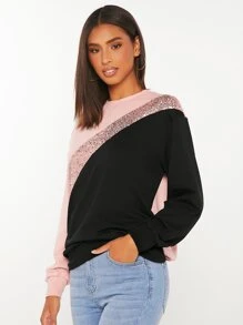 SHEIN Tall 撞色亮片拼接落肩袖運動衫 - 彩色 - 查看 4