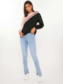 SHEIN Tall 撞色亮片拼接落肩袖運動衫 - 彩色 - 查看 5