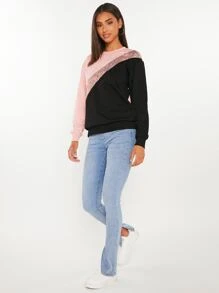 SHEIN Tall 撞色亮片拼接落肩袖運動衫 - 彩色 - 查看 6