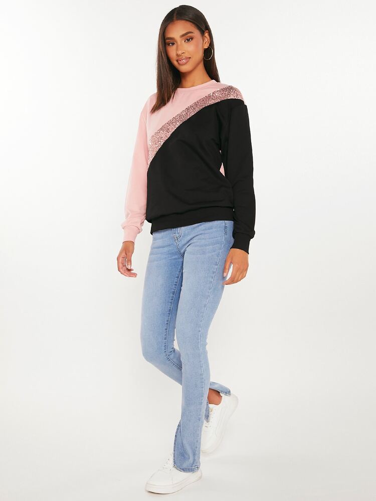 SHEIN Tall 撞色亮片拼接落肩袖運動衫 - 彩色 - 查看 6