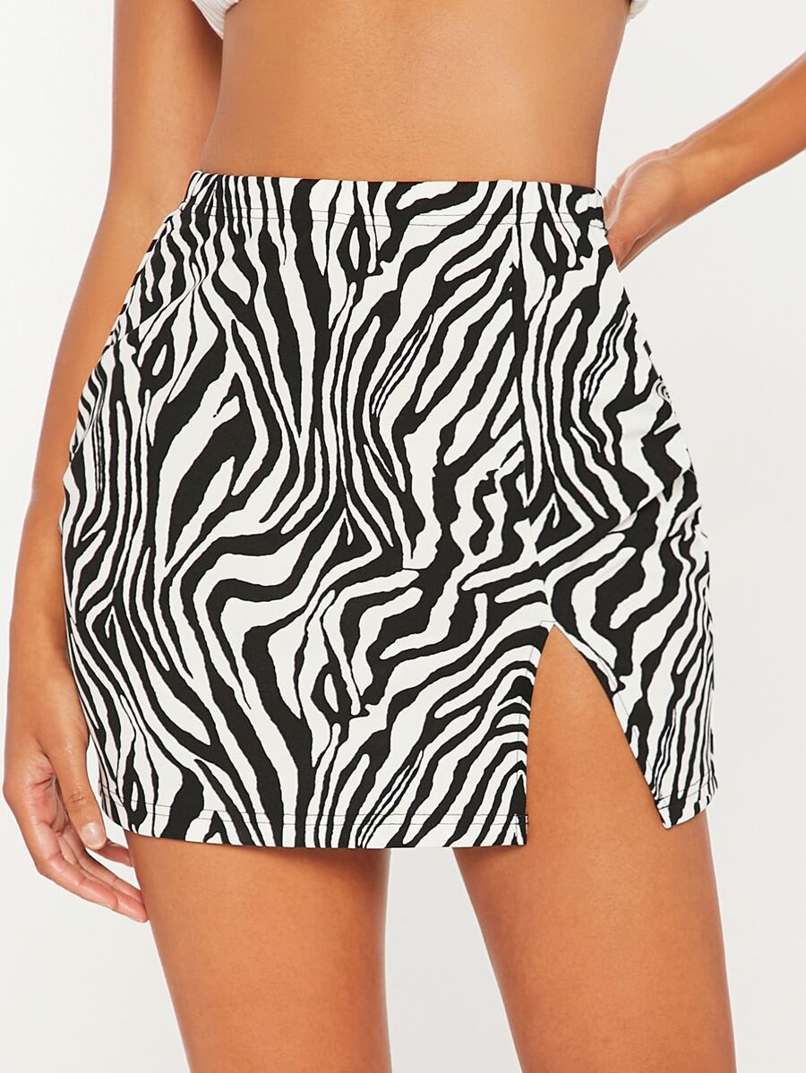 SHEIN Tall Zebra Striped Split Hem Skirt - Black and White - View 1