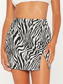 SHEIN Tall Zebra Striped Split Hem Skirt - Black and White - View 5
