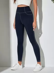 SHEIN EZwear 春夏季海軍藍縫線細節寬鬆腰長褲襪