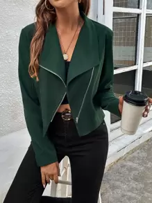 SHEIN LUNE Solid Zip Up Biker Jacket - Dark Green - View 1