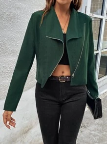 SHEIN LUNE Solid Zip Up Biker Jacket - Dark Green - View 4