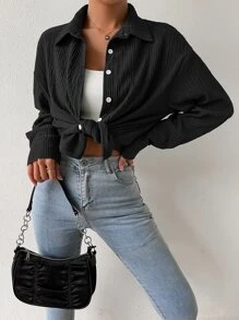 Chiquease Drop Shoulder Longline Shirt Without Cami Top - Black - View 6