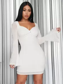 SHEIN SXY Twist Front Flounce Sleeve Bodycon Dress - White - View 1
