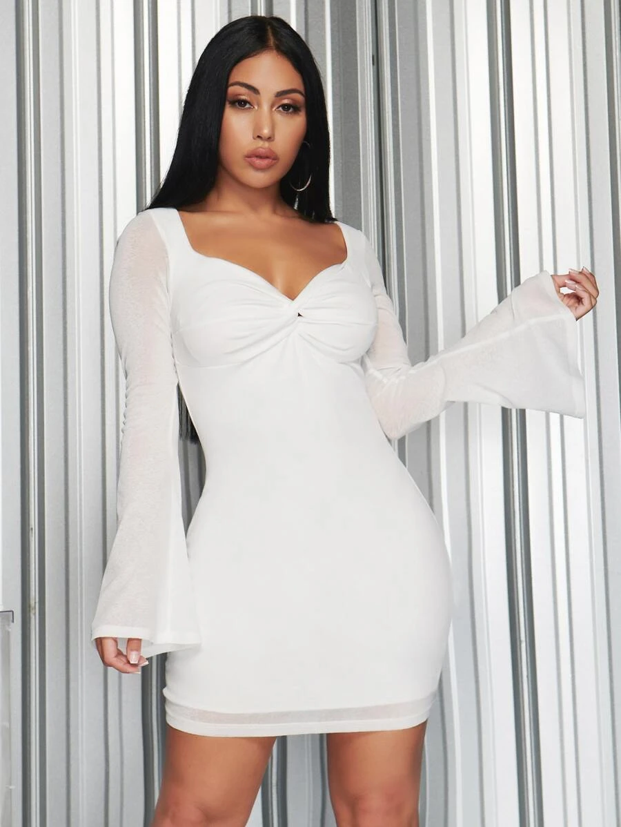SHEIN SXY Twist Front Flounce Sleeve Bodycon Dress - White - View 1