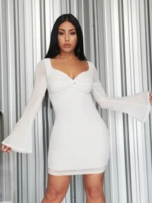 SHEIN SXY Twist Front Flounce Sleeve Bodycon Dress - White - View 4