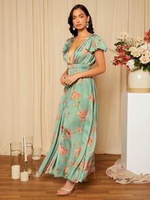 SHEIN Belle 印花蝴蝶袖後綁帶緞面伴娘洋裝