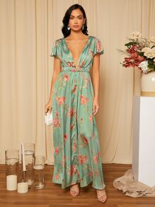 SHEIN Belle 印花蝴蝶袖後綁帶緞面伴娘洋裝