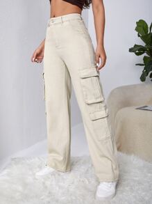 SHEIN EZwear Quần jean nữ Nút Túi Dây kéo màu trơn - Màu be - Xem 5