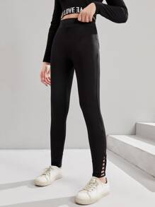 SHEIN Leggings Bé Gái Cắt ra màu trơn Thể thao - màu đen - Xem 2