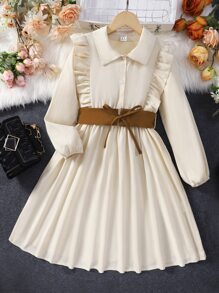 SHEIN Tween Girl Ruffle Trim Pleated Hem Half Button Shirt Dress - Apricot - View 1