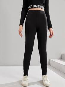 SHEIN Leggings Bé Gái Cắt ra màu trơn Thể thao - màu đen - Xem 3