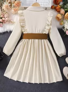 SHEIN Tween Girl Ruffle Trim Pleated Hem Half Button Shirt Dress - Apricot - View 2