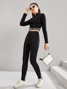 SHEIN Leggings Bé Gái Cắt ra màu trơn Thể thao - màu đen - Xem 5