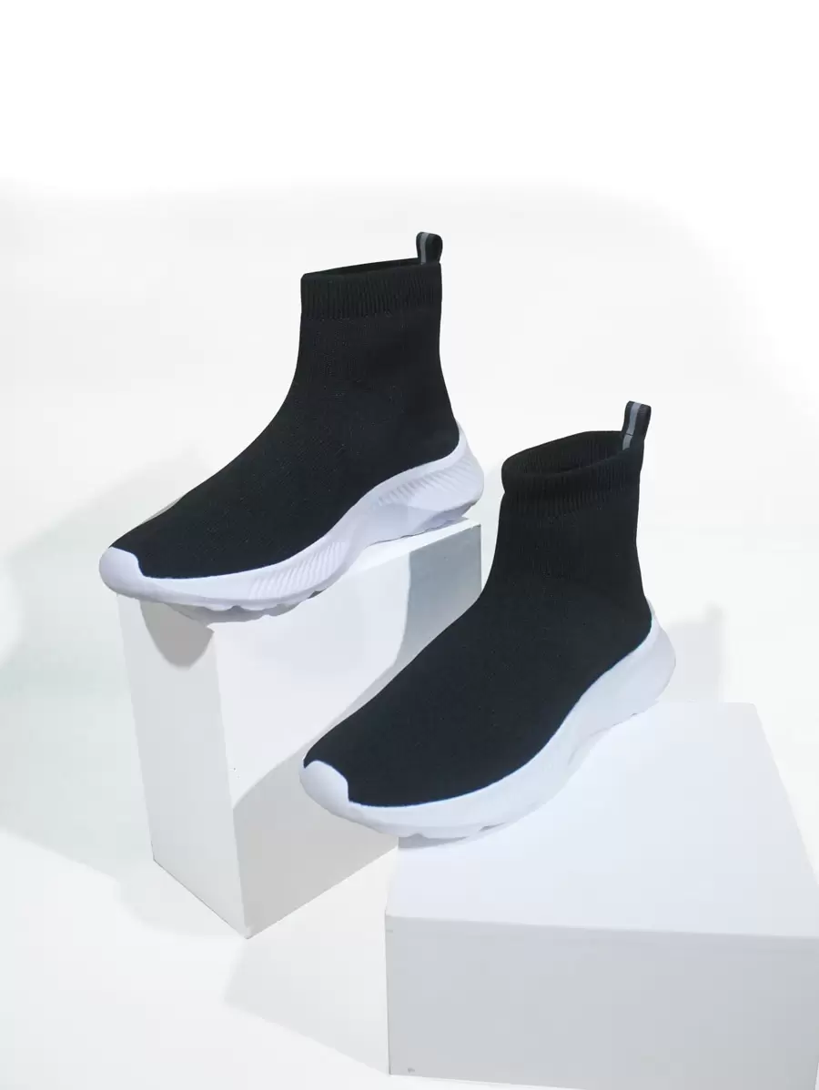 Patch Decor Slip-On High Top Sock Sneakers, Must For Tennis Women's Breathable Knit Black Sports Shoes - Black - View 1