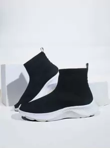 Patch Decor Slip-On High Top Sock Sneakers, Must For Tennis Women's Breathable Knit Black Sports Shoes - Black - View 3