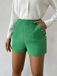 Chiquease Quần đùi nữ Nút phía trước màu trơn Giải trí - màu xanh lá - Xem 4