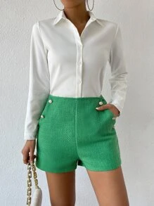 Chiquease Quần đùi nữ Nút phía trước màu trơn Giải trí - màu xanh lá - Xem 5