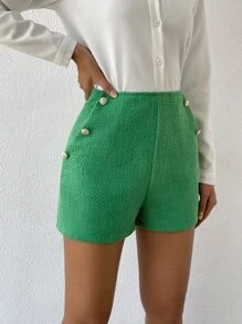 Chiquease Quần đùi nữ Nút phía trước màu trơn Giải trí - màu xanh lá - Xem 6