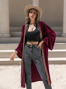 Rusttydustty 織帶拼接蝙蝠袖絲絨外套 - 紫紅色 - 查看 1