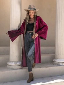 Rusttydustty 織帶拼接蝙蝠袖絲絨外套 - 紫紅色 - 查看 3