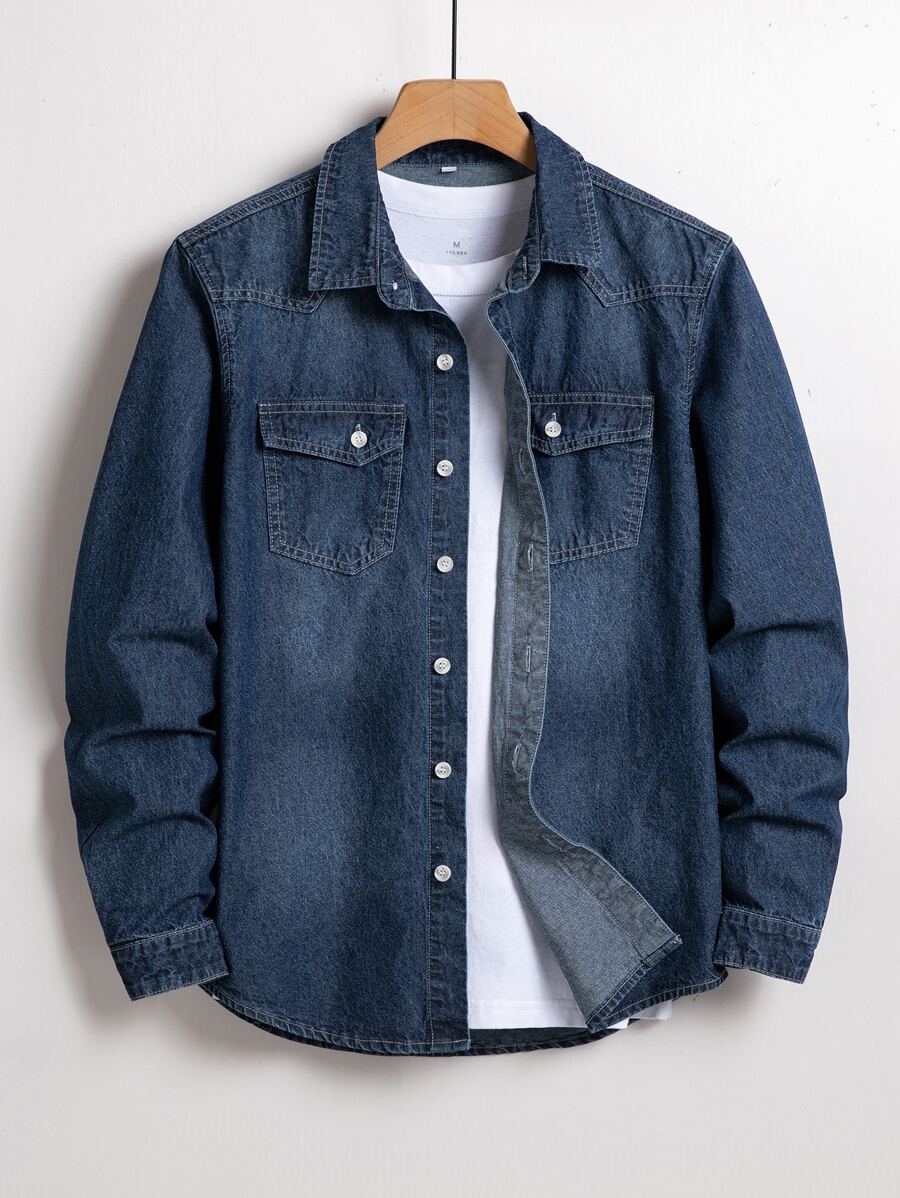 Manfinity Homme Men Cotton Flap Pocket Denim Shirt Without Tee - Dark Wash - View 1