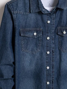 Manfinity Homme Men Cotton Flap Pocket Denim Shirt Without Tee - Dark Wash - View 7