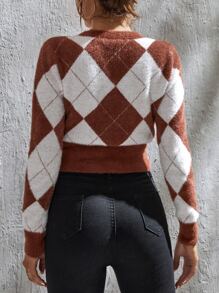 Argyle Pattern V-neck Crop Jumper - Multicolor - View 2