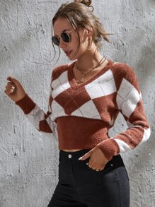 Argyle Pattern V-neck Crop Jumper - Multicolor - View 5