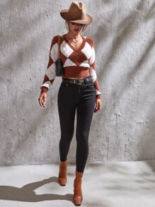 Argyle Pattern V-neck Crop Jumper - Multicolor - View 6