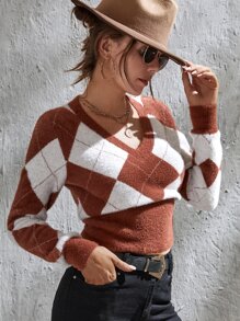 Argyle Pattern V-neck Crop Jumper - Multicolor - View 1