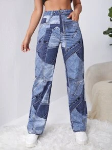 SHEIN ICON Jeans con estampado de retazo de pierna ancha - Lavado ligero - Ver 1