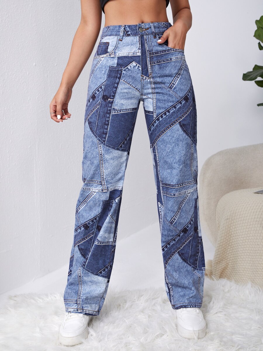 SHEIN ICON Jeans con estampado de retazo de pierna ancha - Lavado ligero - Ver 1