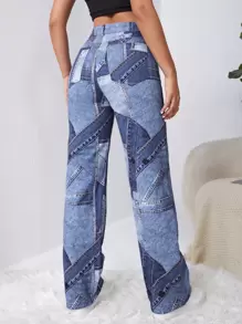 SHEIN ICON Jeans con estampado de retazo de pierna ancha - Lavado ligero - Ver 2