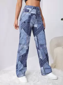 SHEIN ICON Jeans con estampado de retazo de pierna ancha - Lavado ligero - Ver 3