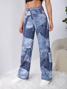 SHEIN ICON Jeans con estampado de retazo de pierna ancha - Lavado ligero - Ver 4