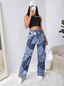 SHEIN ICON Jeans con estampado de retazo de pierna ancha - Lavado ligero - Ver 5