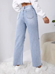 SHEIN EZwear Y2k Ripped Raw Cut Straight Leg Jeans - Light Wash - View 2