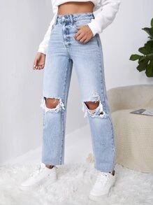SHEIN EZwear Y2k Ripped Raw Cut Straight Leg Jeans - Light Wash - View 6