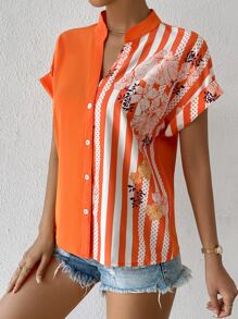 SHEIN Clasi 花卉和條紋印花鈕扣襯衫 - 橘色 - 查看 5