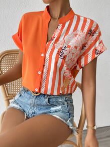 SHEIN Clasi 花卉和條紋印花鈕扣襯衫 - 橘色 - 查看 6