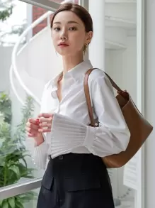 DAZY Women's Solid Color Pleated Flare Sleeve Blouse, Business Casual Autumn Long Sleeve Top - White - View 1