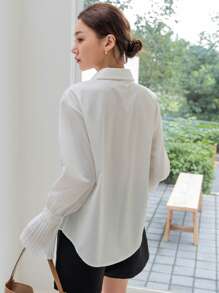 DAZY Women's Solid Color Pleated Flare Sleeve Blouse, Business Casual Autumn Long Sleeve Top - White - View 2