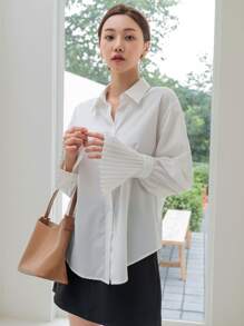 DAZY Women's Solid Color Pleated Flare Sleeve Blouse, Business Casual Autumn Long Sleeve Top - White - View 4