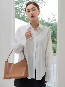 DAZY Women's Solid Color Pleated Flare Sleeve Blouse, Business Casual Autumn Long Sleeve Top - White - View 5